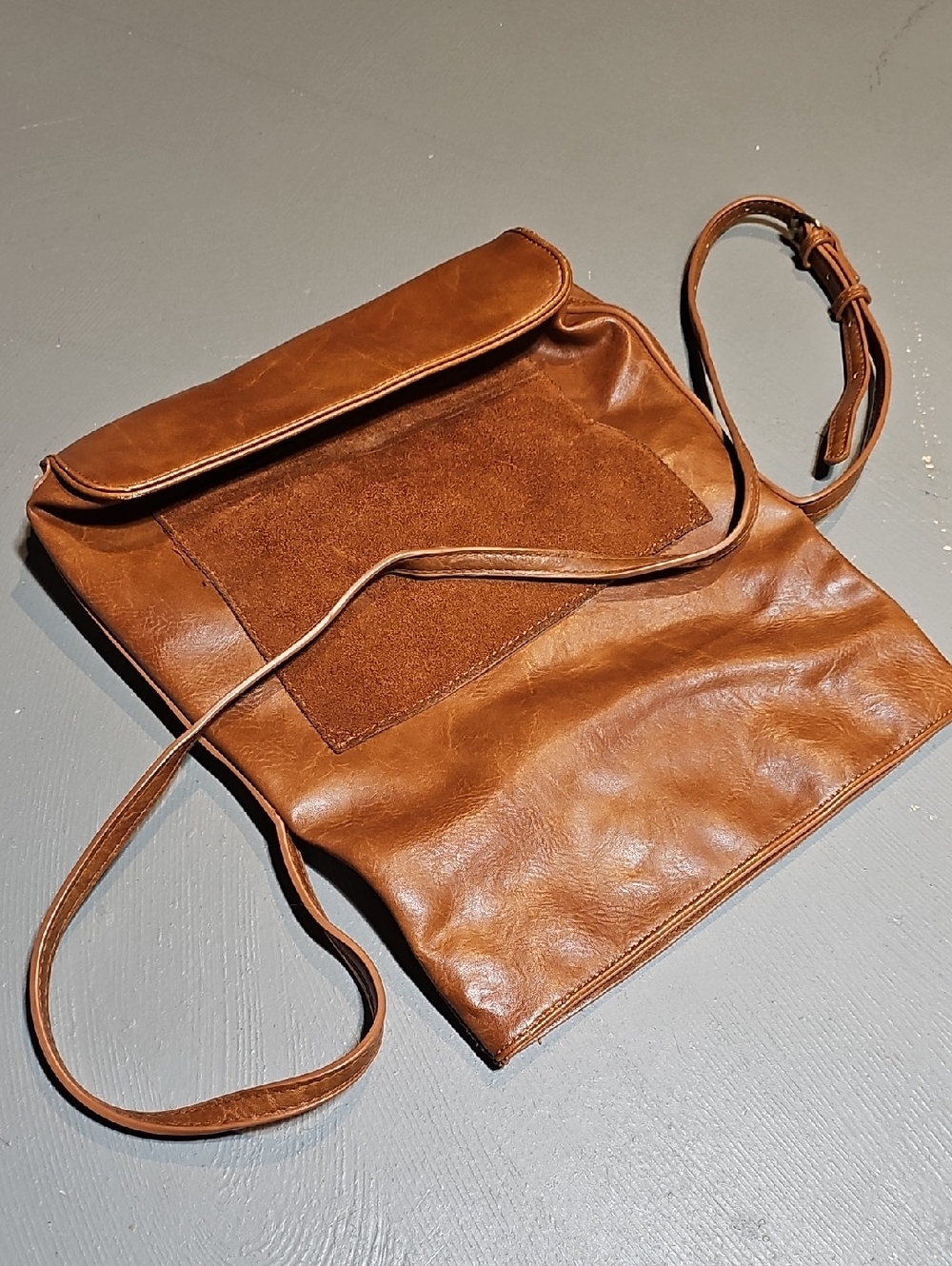 ANTIK KRAFT Womens Leather & Suede Foldover Purse Shoulderbag Handbag Carmel EUC